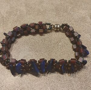 Boho Style Blue And Brown Beaded Bracelet With Magnetic Closure